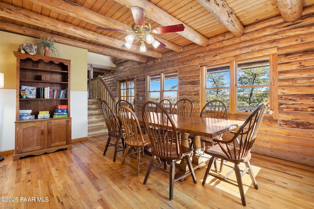 dining space featuring a healthy amount of sunlight, wooden ceiling, and light hardwood / wood-style flooring