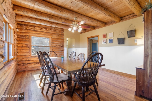 dining room featuring beamed ceiling, rustic walls, wood ceiling, and light hardwood / wood-style flooring