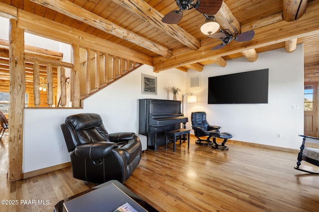 living room with beam ceiling, hardwood / wood-style floors, wood ceiling, and ceiling fan