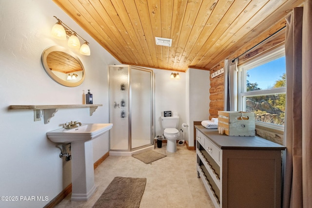 bathroom with wood ceiling, a shower with door, toilet, and rustic walls