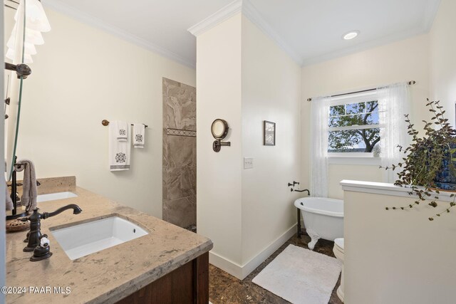 bathroom featuring ornamental molding, a soaking tub, a sink, and double vanity