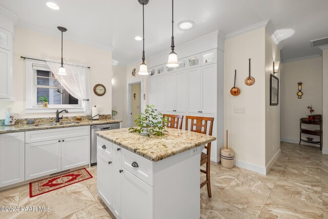 kitchen featuring a center island, stainless steel dishwasher, glass insert cabinets, white cabinets, and a sink