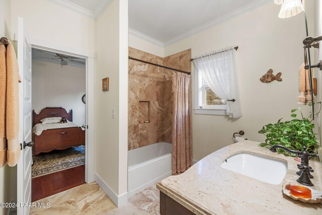 bathroom with ornamental molding, ensuite bath, vanity, and shower / bathtub combination with curtain