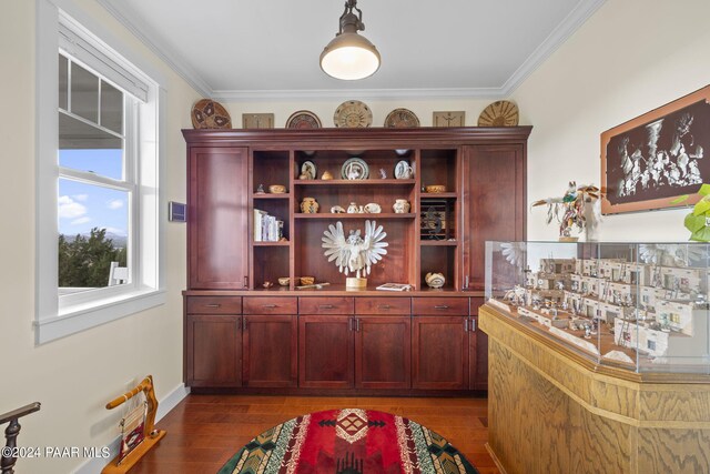 interior space with ornamental molding and dark wood-style flooring