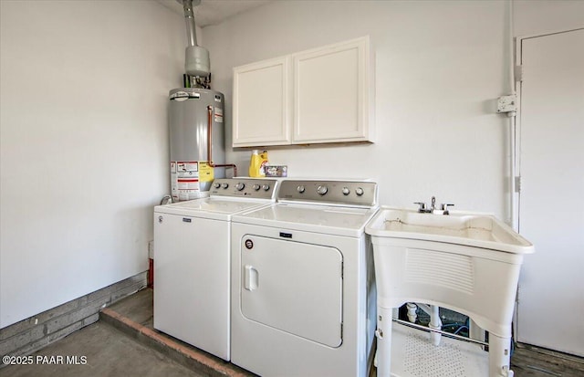 laundry room featuring cabinets, separate washer and dryer, sink, and gas water heater