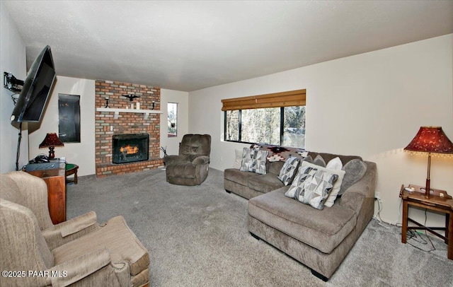 carpeted living room with a fireplace