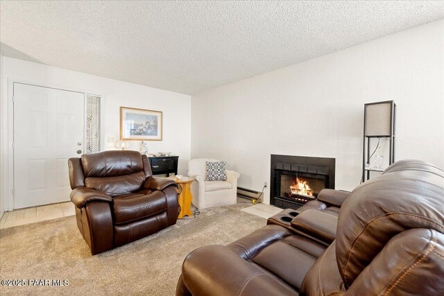 333 W Leroux St Unit D4, Prescott, AZ 86303 - living room with baseboard heating, a fireplace with flush hearth, light colored carpet, and a textured ceiling
