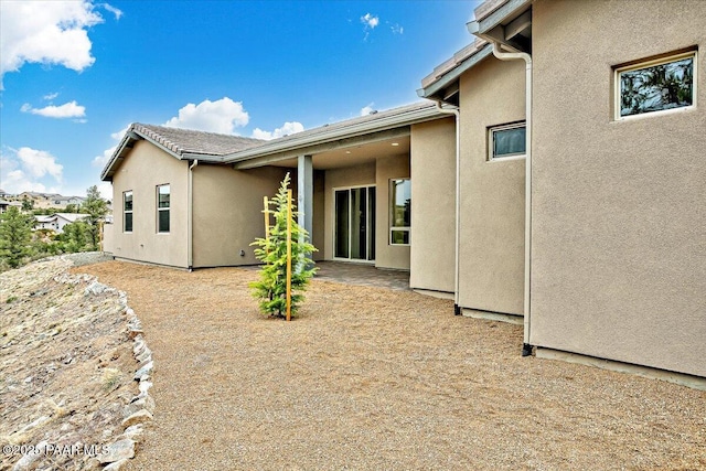 back of property with a patio and stucco siding