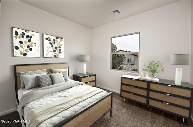 bedroom with dark carpet, baseboards, and visible vents