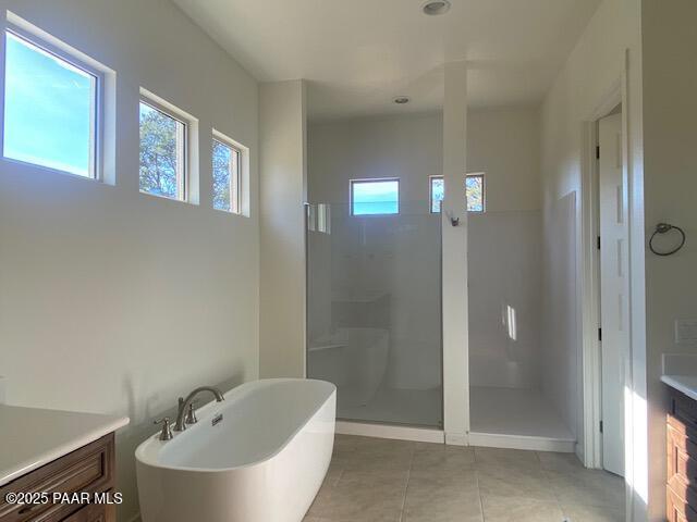 bathroom featuring vanity, a healthy amount of sunlight, and shower with separate bathtub