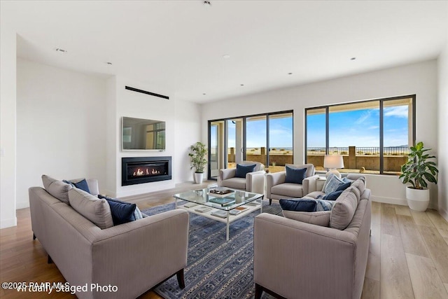 living area with a glass covered fireplace, baseboards, and wood finished floors