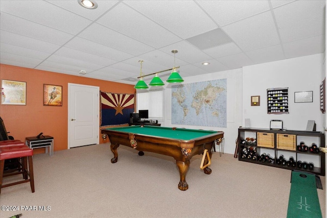 game room with carpet floors, a drop ceiling, and billiards