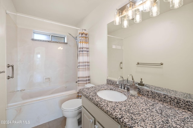 full bathroom with tile patterned flooring, vanity, shower / tub combo, and toilet