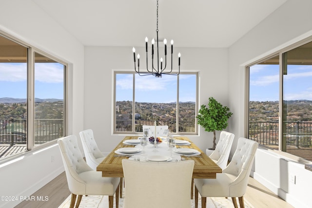 dining area featuring a chandelier, light hardwood / wood-style flooring, and a healthy amount of sunlight