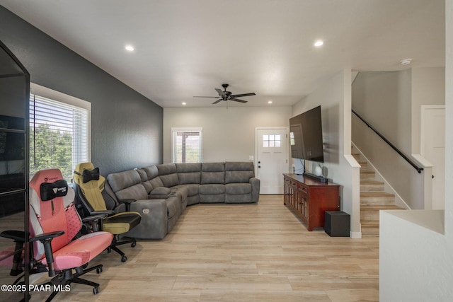 2905 S Omega Dr, Dewey-Humboldt, AZ 86329 - living room featuring light wood finished floors, recessed lighting, stairway, a ceiling fan, and plenty of natural light