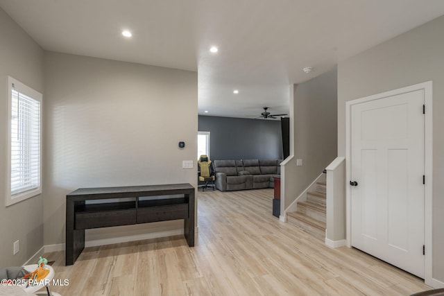 2905 S Omega Dr, Dewey-Humboldt, AZ 86329 - living room with ceiling fan, light wood-style floors, stairway, recessed lighting, and baseboards