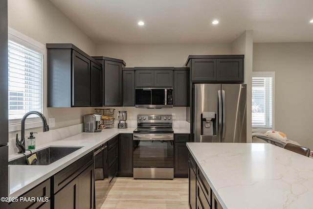 2905 S Omega Dr, Dewey-Humboldt, AZ 86329 - kitchen featuring stainless steel appliances, a sink, light stone counters, plenty of natural light, and recessed lighting