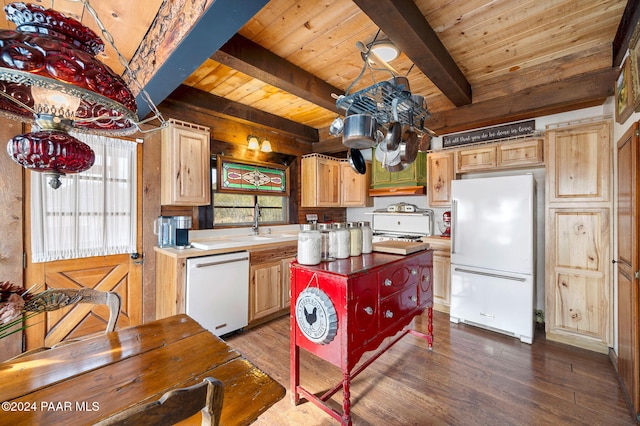 kitchen with white appliances, dark wood-style floors, light brown cabinetry, wooden ceiling, and beamed ceiling