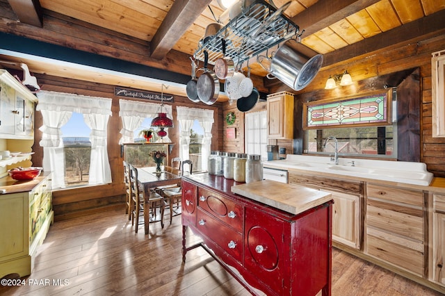 kitchen with beamed ceiling, wood ceiling, hardwood / wood-style floors, and wood counters