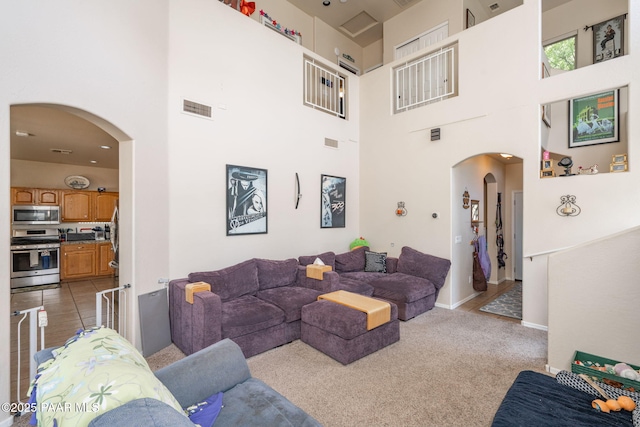 248 Lakewood Cv, Prescott, AZ 86301 - living area featuring arched walkways, a high ceiling, baseboards, and carpet flooring