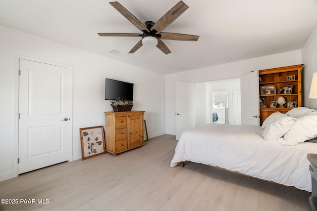 bedroom featuring ceiling fan and light wood-type flooring