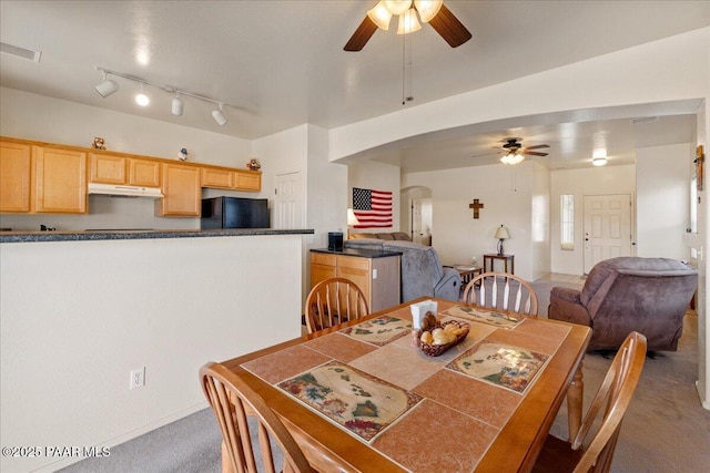 12912 E Santiago St, Dewey-Humboldt, AZ 86327 - dining area featuring ceiling fan, carpet floors, and arched walkways