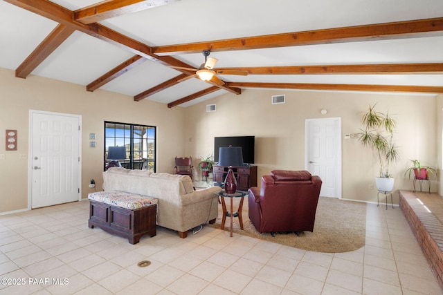 living area with vaulted ceiling with beams, light tile patterned floors, ceiling fan, and visible vents