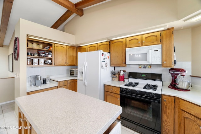 kitchen featuring white appliances, decorative backsplash, lofted ceiling with beams, brown cabinets, and light countertops