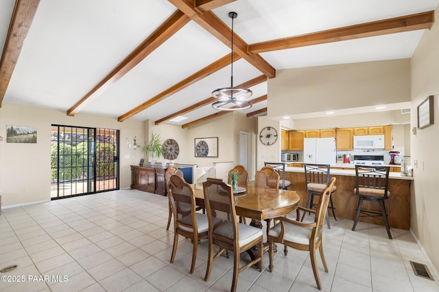 dining room featuring visible vents, lofted ceiling with beams, baseboards, and light tile patterned flooring
