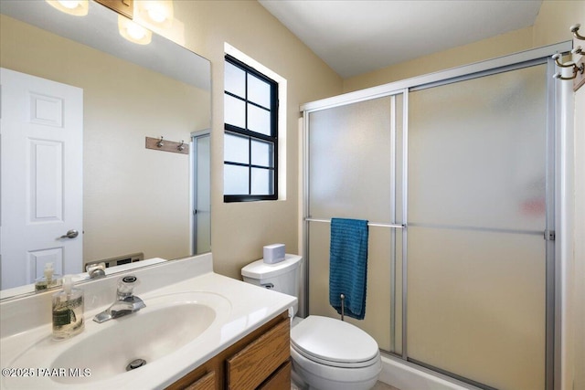 full bathroom featuring toilet, a stall shower, and vanity