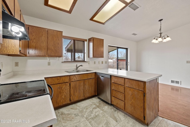 kitchen with a sink, stainless steel dishwasher, ventilation hood, a peninsula, and brown cabinetry