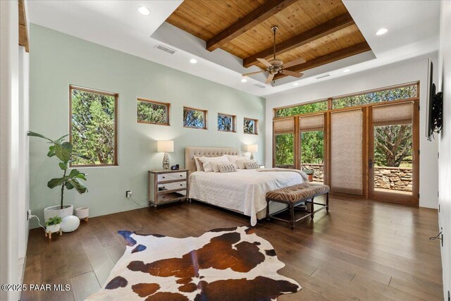 15345 N Badlands Cir, Prescott, AZ 86305 - bedroom featuring a wooden ceiling with exposed beams, wood-type flooring, access to outside, recessed lighting, and a raised ceiling