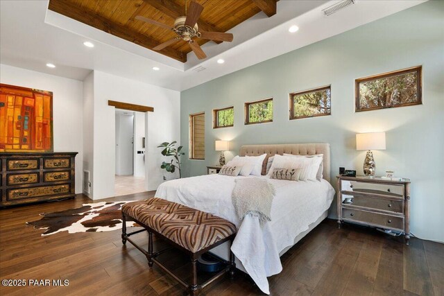 15345 N Badlands Cir, Prescott, AZ 86305 - bedroom featuring a wooden ceiling with exposed beams, recessed lighting, hardwood / wood-style flooring, and ceiling fan