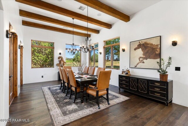 15345 N Badlands Cir, Prescott, AZ 86305 - dining space with plenty of natural light, beam ceiling, dark wood-style floors, and a chandelier