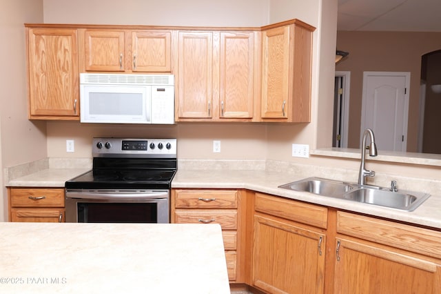 6265 E Distant View Ct, Cornville, AZ 86325 - kitchen featuring electric range, white microwave, light countertops, and light brown cabinetry