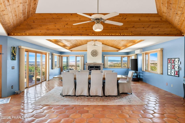dining area featuring a healthy amount of sunlight, ceiling fan, and wooden ceiling