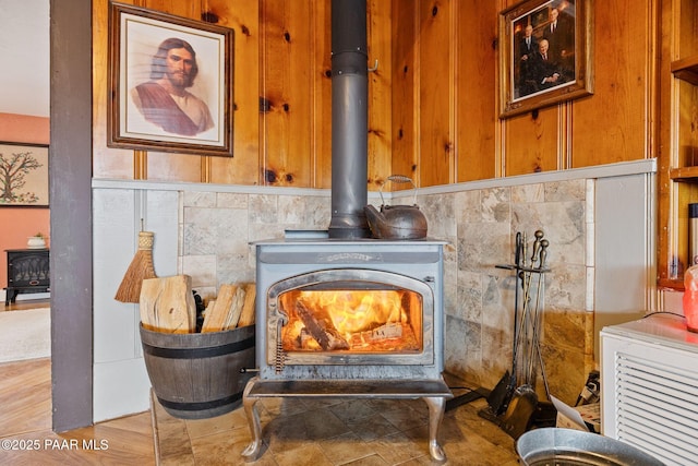 room details with a wood stove