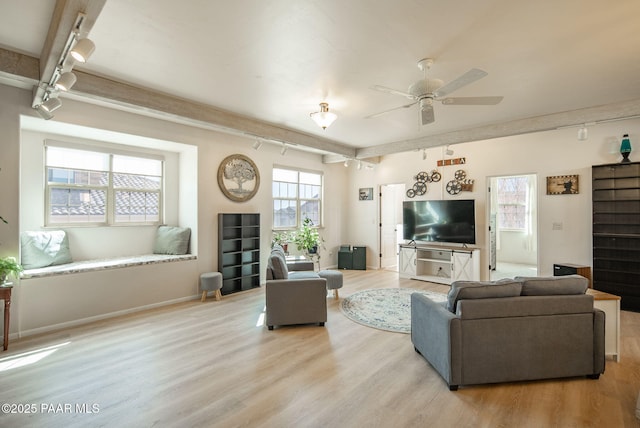 living room featuring baseboards, a ceiling fan, wood finished floors, and rail lighting