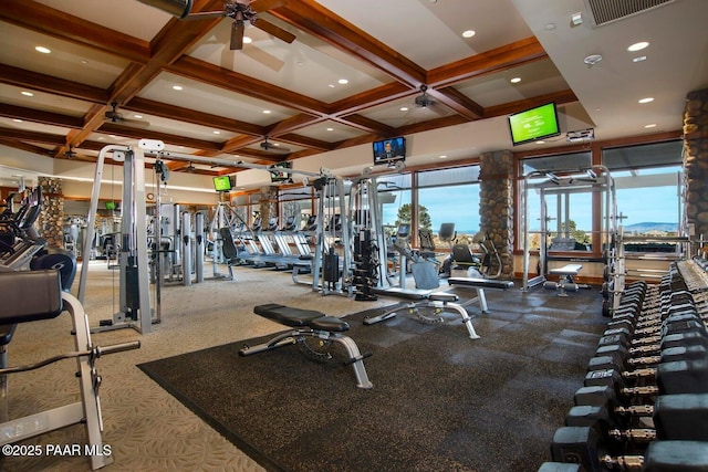 3000 Noble Star Dr, Prescott, AZ 86301 - gym with visible vents, a ceiling fan, and coffered ceiling