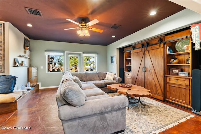 3000 Noble Star Dr, Prescott, AZ 86301 - living area featuring recessed lighting, a barn door, visible vents, and a ceiling fan