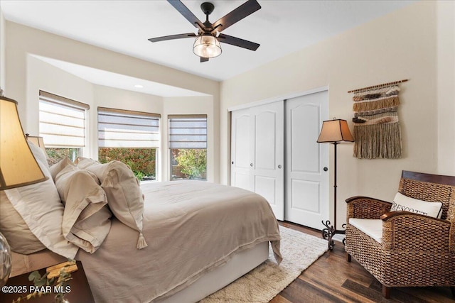 3000 Noble Star Dr, Prescott, AZ 86301 - bedroom featuring dark wood-style floors, a closet, and ceiling fan