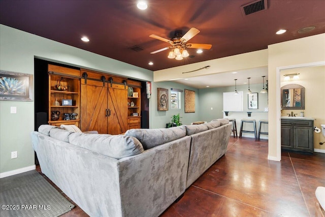 3000 Noble Star Dr, Prescott, AZ 86301 - living room with visible vents, a ceiling fan, a barn door, and recessed lighting