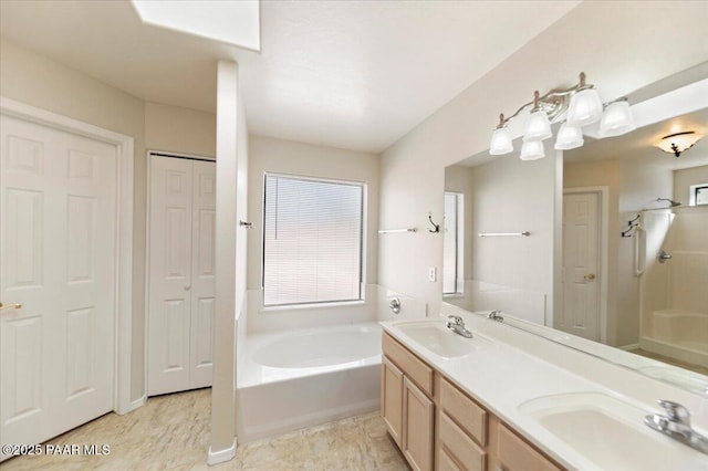 bathroom with vanity and a washtub