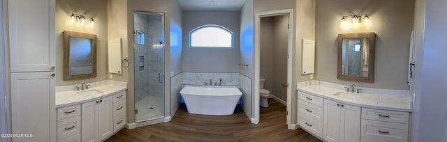 full bathroom featuring vanity, toilet, wood-type flooring, and plus walk in shower