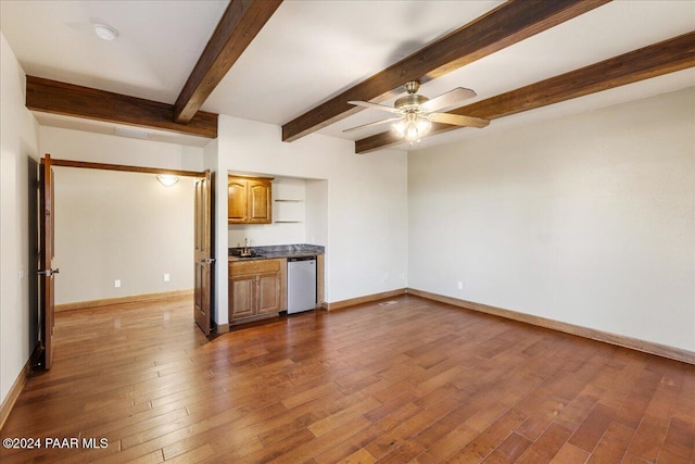 interior space featuring beamed ceiling, dark hardwood / wood-style floors, ceiling fan, and sink