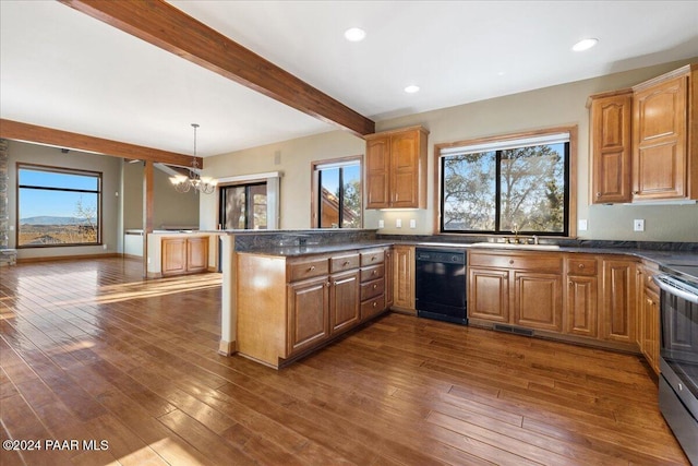 kitchen with hanging light fixtures, black dishwasher, a notable chandelier, beam ceiling, and dark hardwood / wood-style flooring