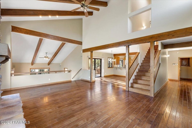 unfurnished living room featuring beamed ceiling, dark hardwood / wood-style floors, high vaulted ceiling, and ceiling fan