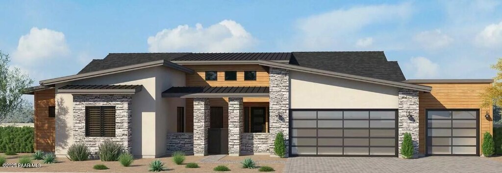 3733 Blazing Ore Trl, Prescott, AZ 86301 - modern home with stone siding, stucco siding, decorative driveway, and a garage