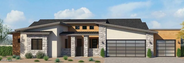 3733 Blazing Ore Trl, Prescott, AZ 86301 - modern home with stone siding, stucco siding, decorative driveway, and a garage