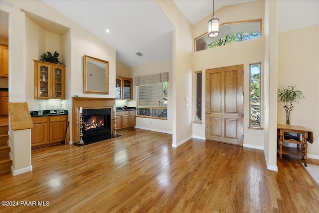 foyer entrance with high vaulted ceiling and light hardwood / wood-style floors